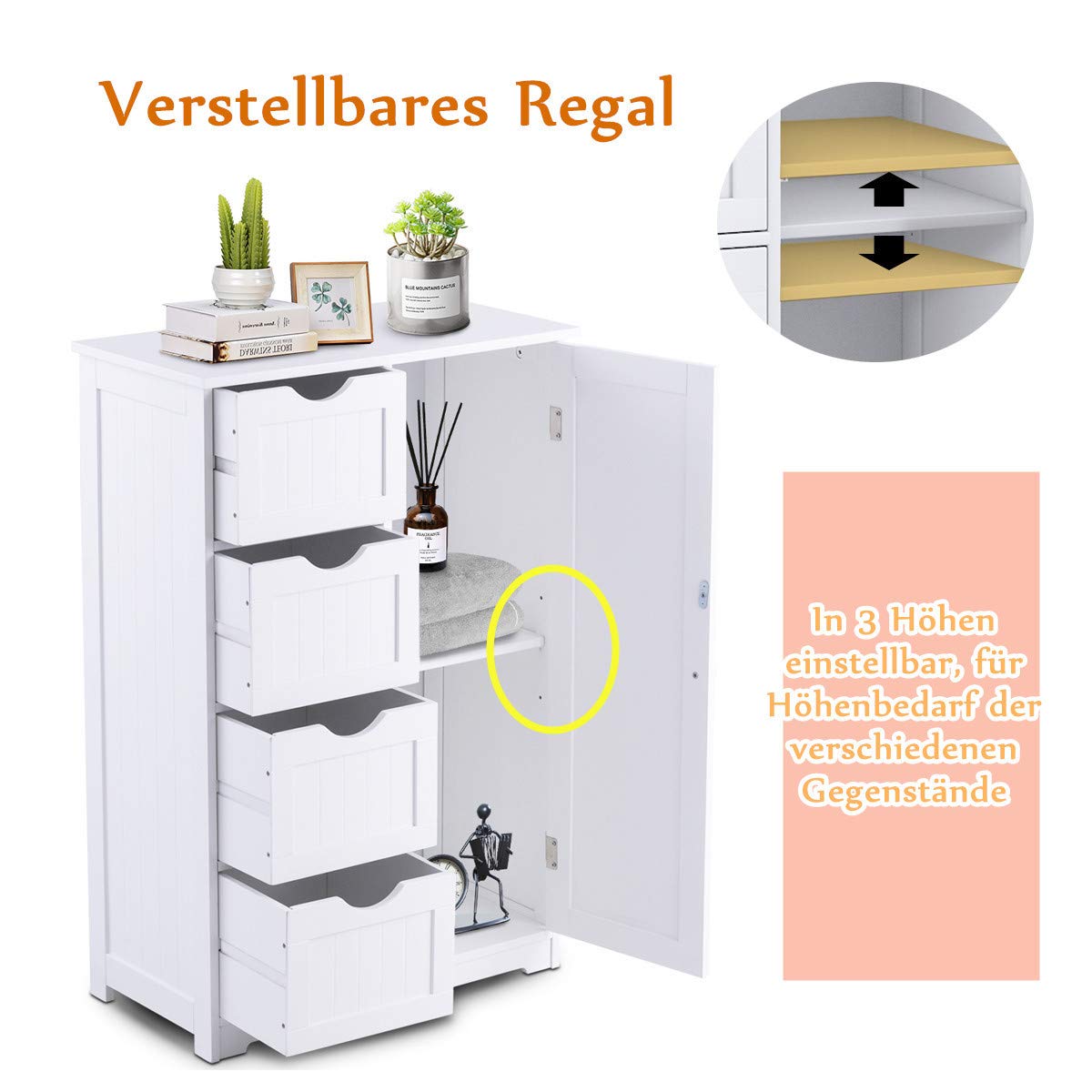 RELAX4LIFE Badezimmerschrank, Beistellschrank, Kommode mit 4 Schubladen, Lagerschrank Holz, Sideboard mit verstellbare Ablagen, Mehrzweckschrank für Bad & Zimmer & Flur, weiß