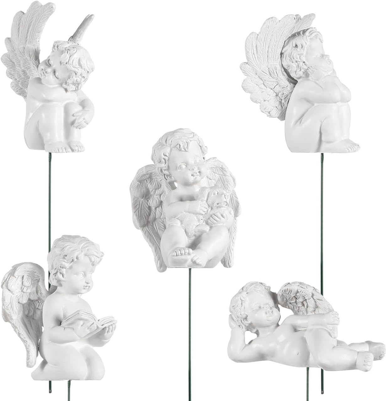 5pcs Decorative Angel Garden Stakes：Resin White Angle Statue, Cherub Cake Topper, Cemetery Decorations for Grave - Solar Angels for Cemetery Weather Ornaments for Outdoor, Balcony, Yard