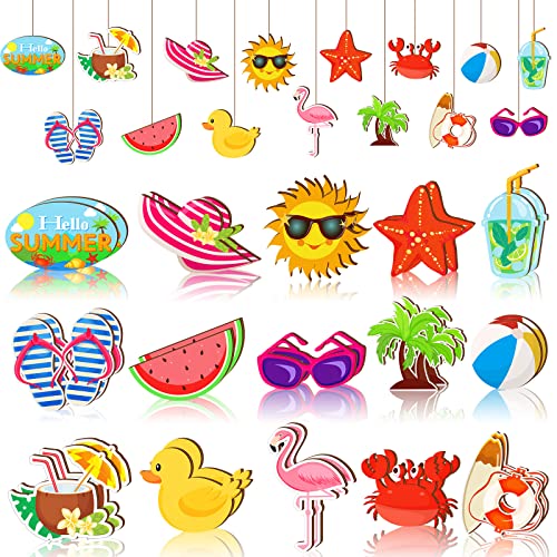 30 Pcs Summer Wood Hanging Ornaments Beach Wooden Slices Coconut Pendant Tags Hanging Decoration With String Summer Tree Ornament For Luau Party Supplies Hawaiian Party Decorations, 15 Styles #TOP6