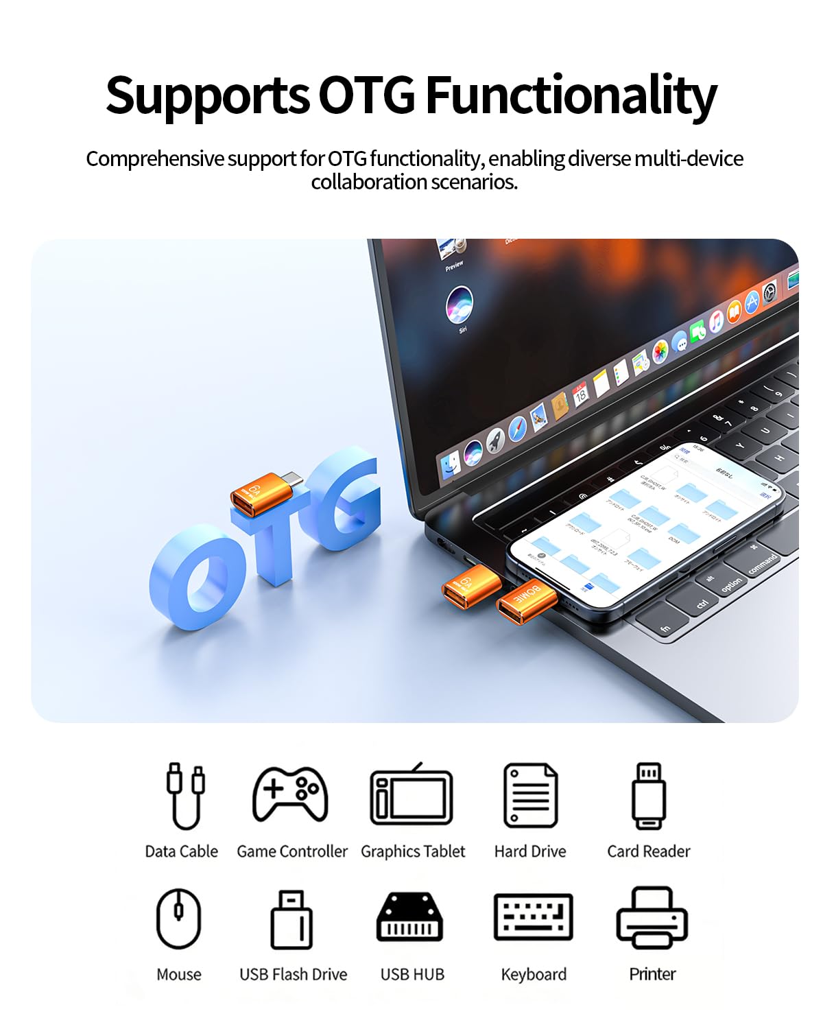 BOMIE Paquete de 2 adaptadores USB C a USB, 6 A, 120 W, carga rápida, transferencia de datos de 10 Gbps, USB C macho a USB 3.2 hembra, adaptador OTG para teléfono 15/16/17, almohadilla, M-acBook Pro