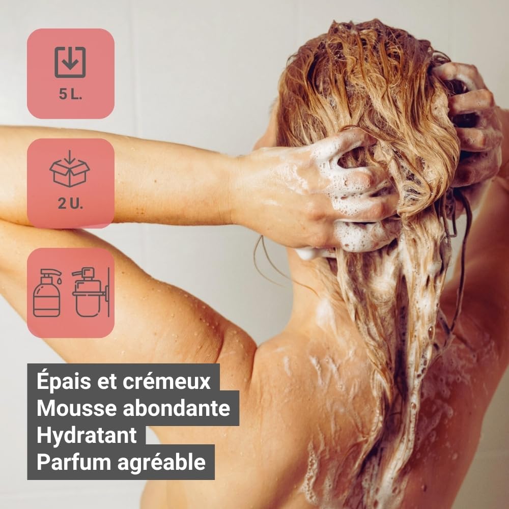 GPQ - Gel/Shampooing 2en1 ROSE PETALS 5 ltr. | 2 Bidons | 90% Natural Origin | Recharge doseur avec Après-shampooing sans Parabènes | Hôtel, B&B, Gîte Rural, Camping, Croisière, Gym | Fabriqué l’UE