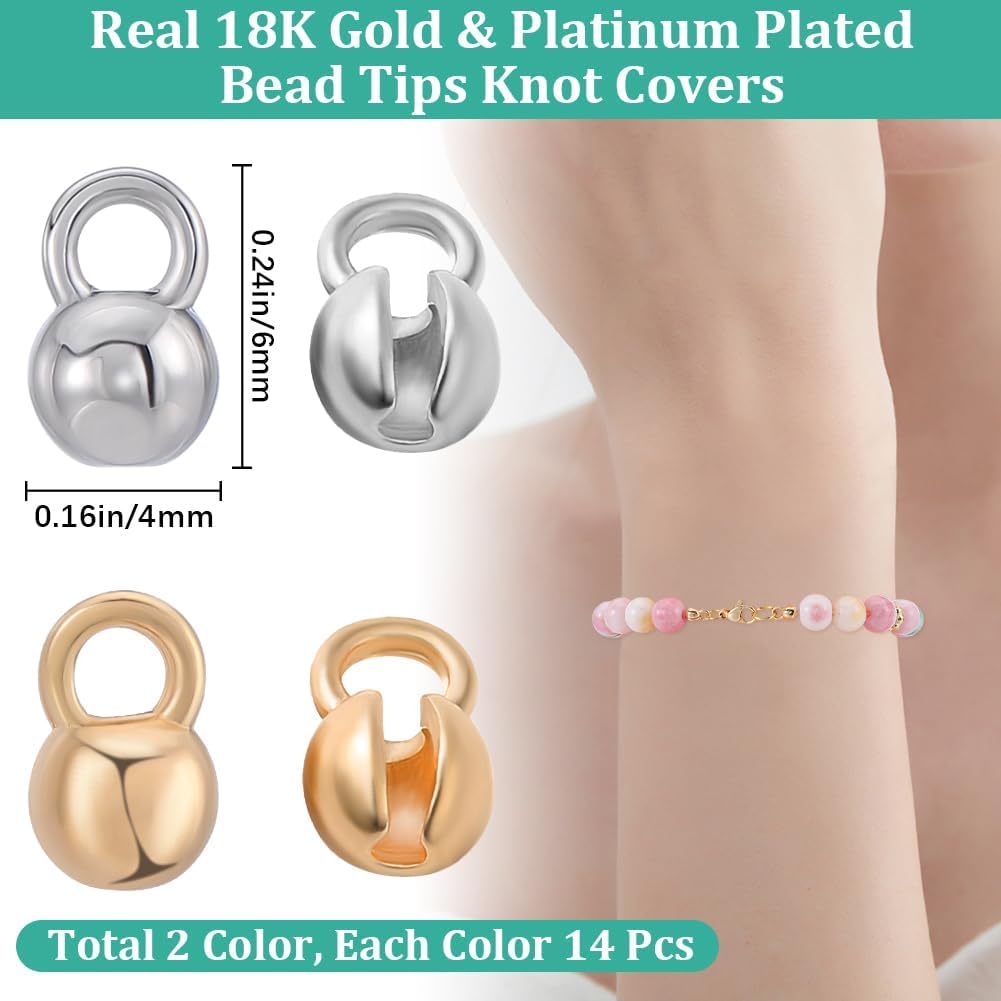 Beebeecraft 1 Box 28Pcs Bead Tips Knot Covers 18K Gold & Platinum Plated Brass 6mm Open Bead Tips Clamshell Fold-Over Covers for Jewelry Making DIY - Image 2