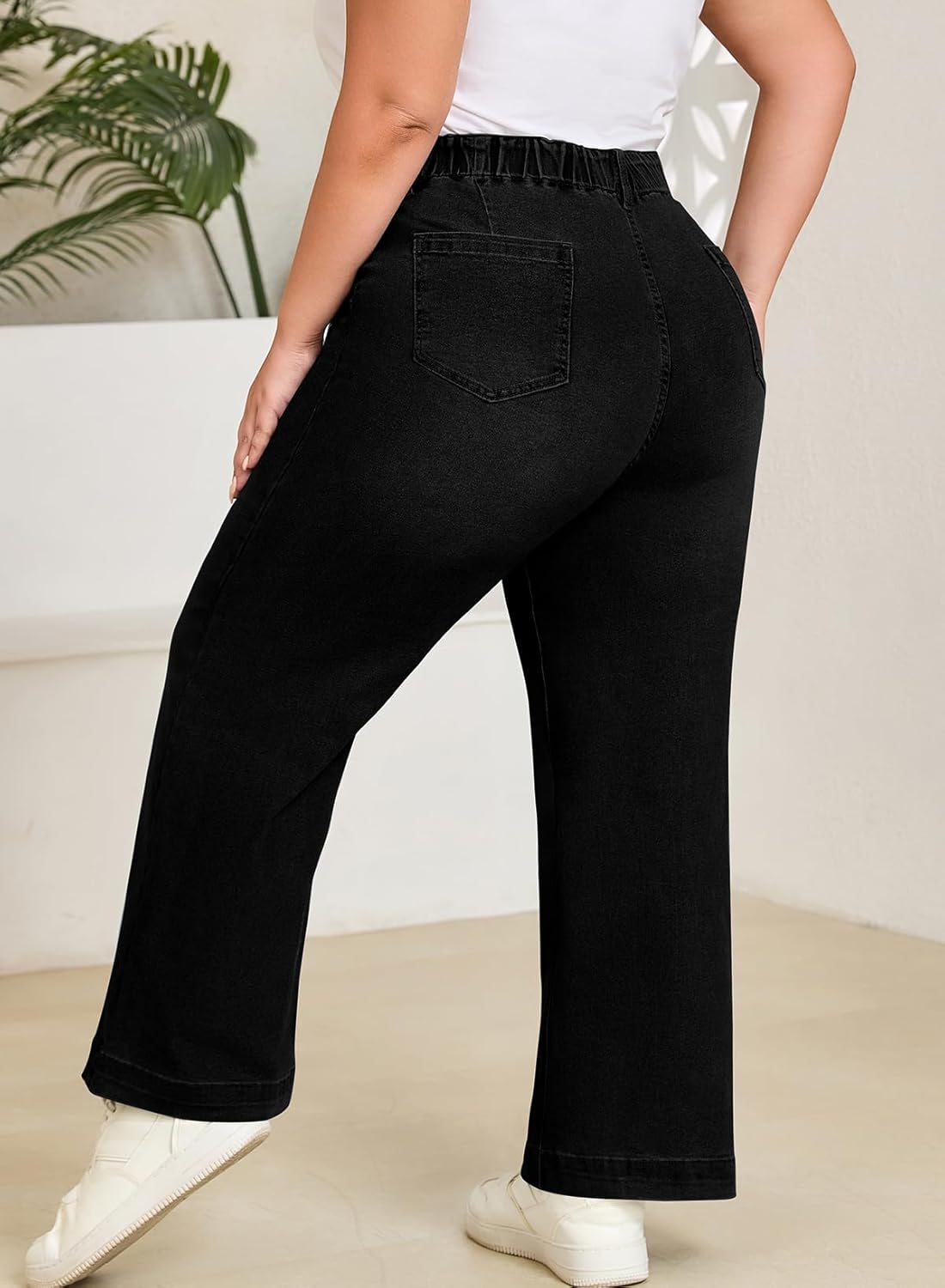 Eytino Women's Plus Size Wide Leg Jeans Elastic Waist Front Seam Stretchy Denim Pants with Pockets(1X-5X) - Image 2