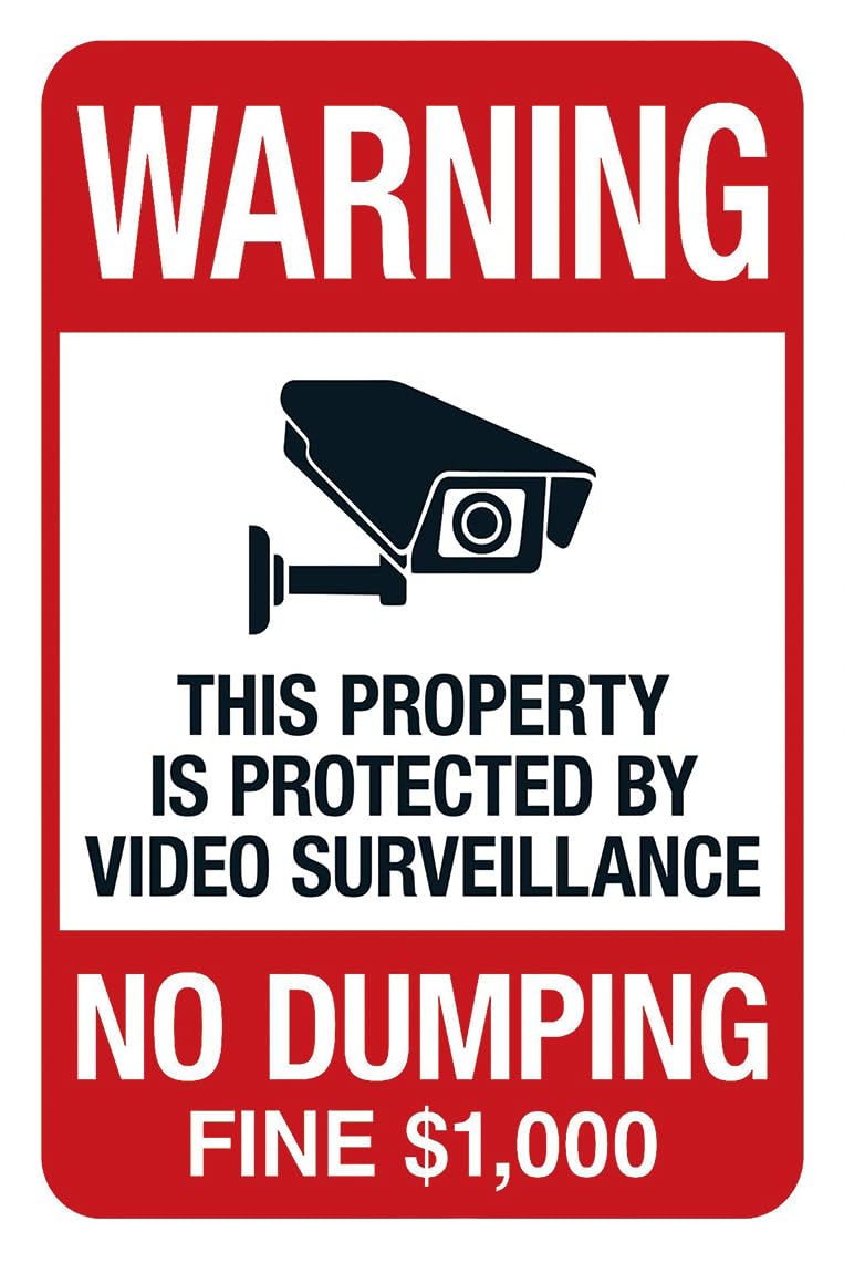 Waste Ban Surveillance Metal Tin Sign, Illegal Dumping Fine $1000 Property Under Camera Surveillance Yard Wall Decor, 12x8 Inches Aluminum
