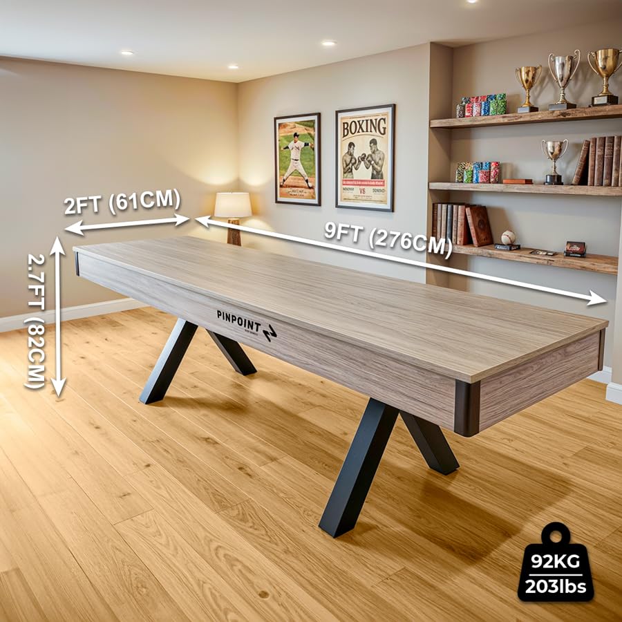 PINPOINT Zestaw gier stołowych 2 w 1 Shuffleboard – pełnowymiarowa tablica do shuffleboardu o długości 2,7 m, z konwersją stołu do jadalni, krążków, wosku i pędzla w zestawie – wysokiej jakości stół