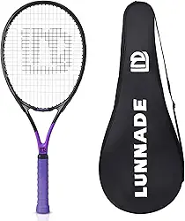 LUNNADE Raquete de tênis para adultos, 68 cm, raquete de tênis de fibra de carbono à prova de choque, leve, pré-amarrada e aderente, adequada para jogadores iniciantes a intermediários