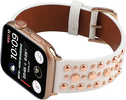 Vista 14 de Correas de cuero con tachuelas compatibles con Apple Watch, correa de repuesto para iWatch Series 10 9 8 7 6 5 4 3 2 1 SE Ultra Negro/plateado