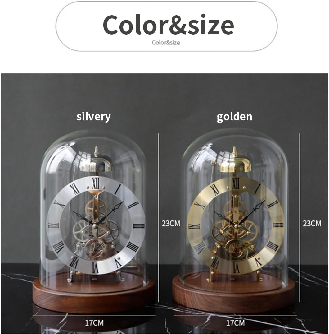 Zegar biurkowy LED, przezroczysty zegar mechaniczny retro, klasyczny zegar kwarcowy ze szklaną kopułą, klasyczny zegar stołowy, lampa LED do sypialni, salonu,