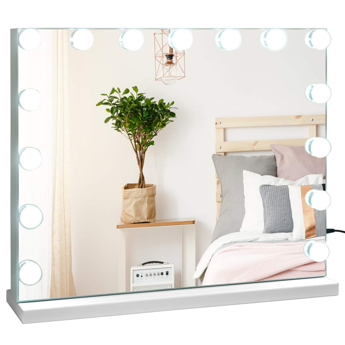LIFEZEAL Specchio Trucco con Luci, Specchiera Hollywood con 15 Lampadine Led, Specchio da Tavolo e da Toeletta Ingranditore 10X e Smart Touch, 3 Modalità di Luminosità e Musica Bluetooth, 58 x 48 cm