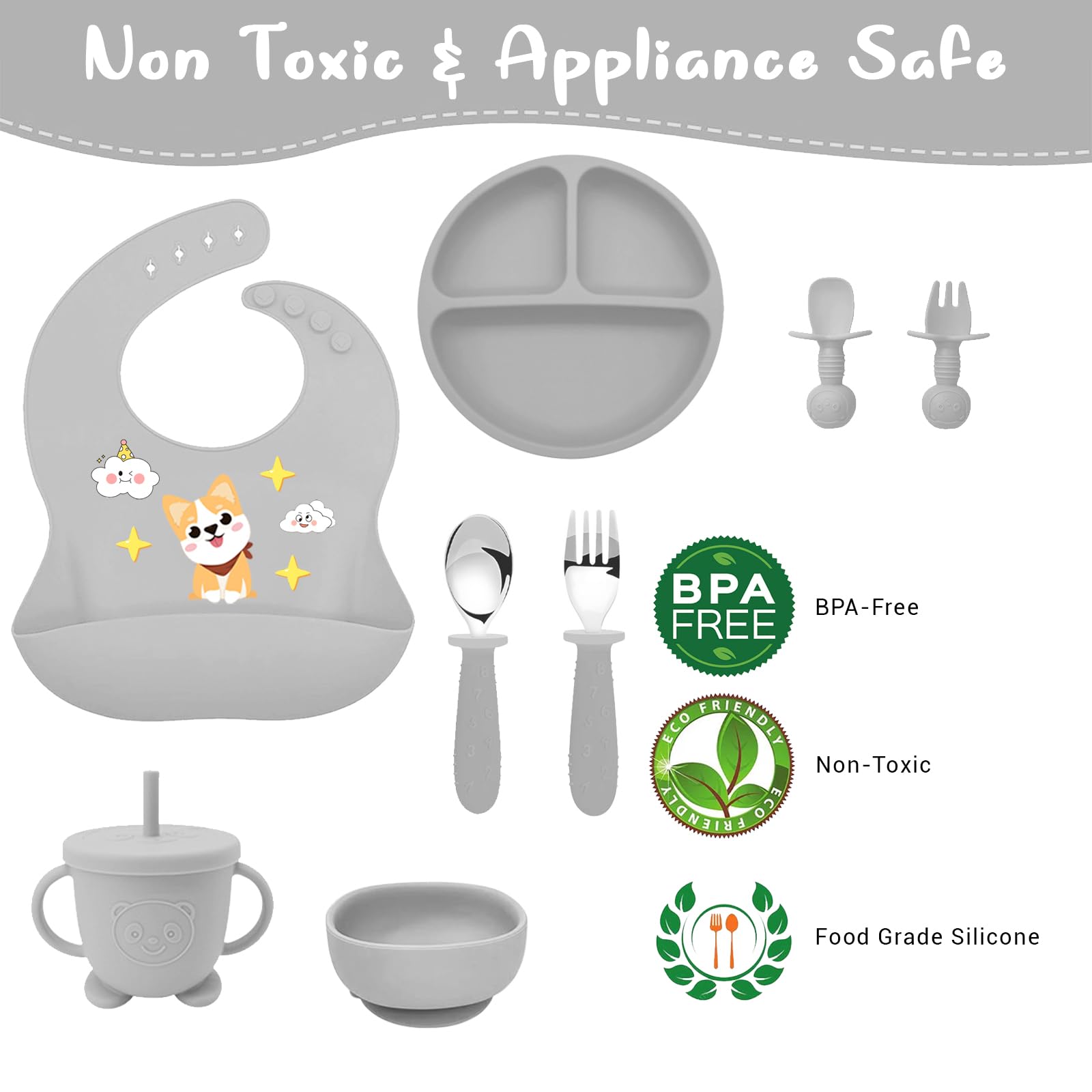 Set Pappa per Bambini 10 Pezzi Svezzamento Completo, Piatto e Ciotola in Silicone con Ventosa Antiscivolo, Cucchiaio Forchetta Bavaglino, Stoviglie Sicure per Neonati e Bambini