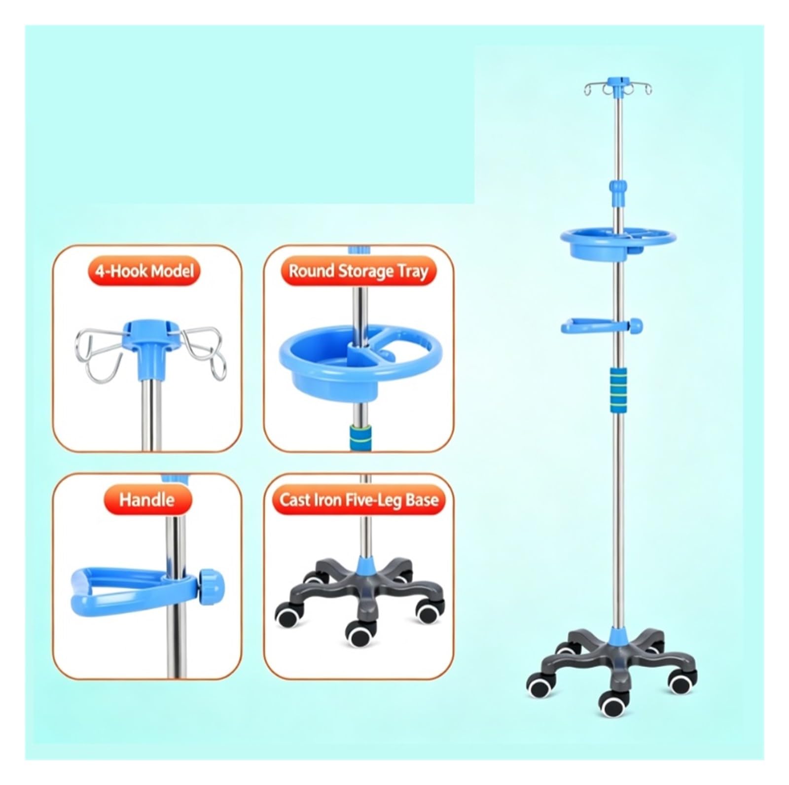 Soporte portátil for portasueros con ruedas y 4 ganchos Soporte para suero