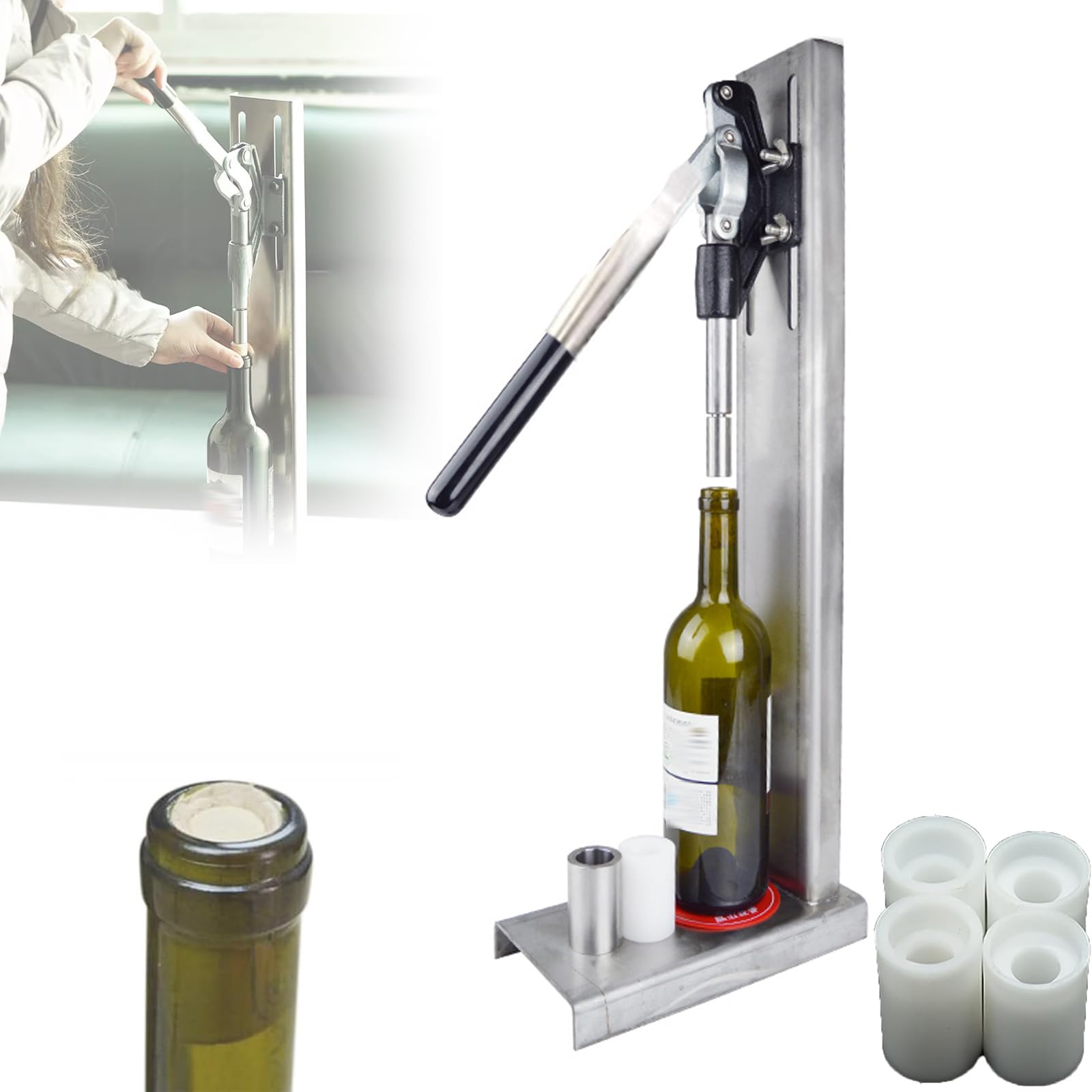 Corker manual para botellas de vino, acero inoxidable, 300 botellas por hora, altura ajustable, para uso doméstico y comercial