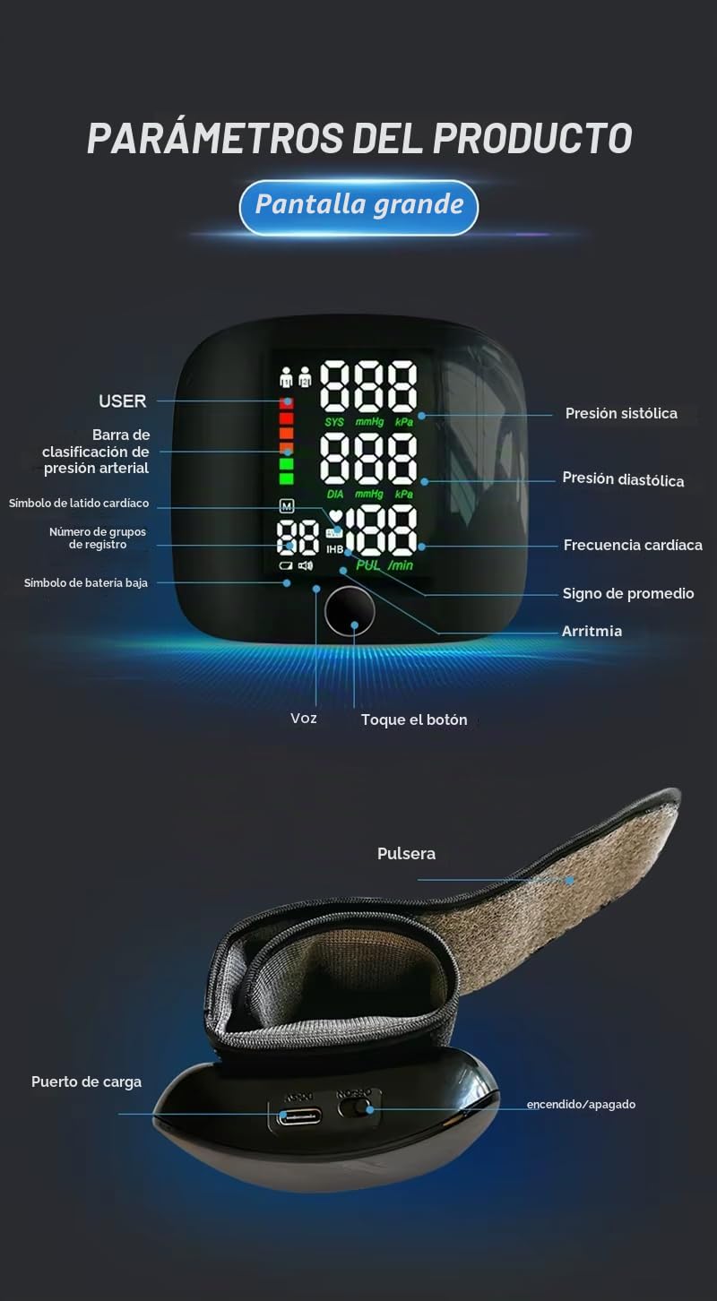 Esfigmomanómetro automático, monitor digital de presión arterial de muñeca, fácil de usar en casa, fácil de llevar, máquina de presión arterial de muñeca con recargable por USB