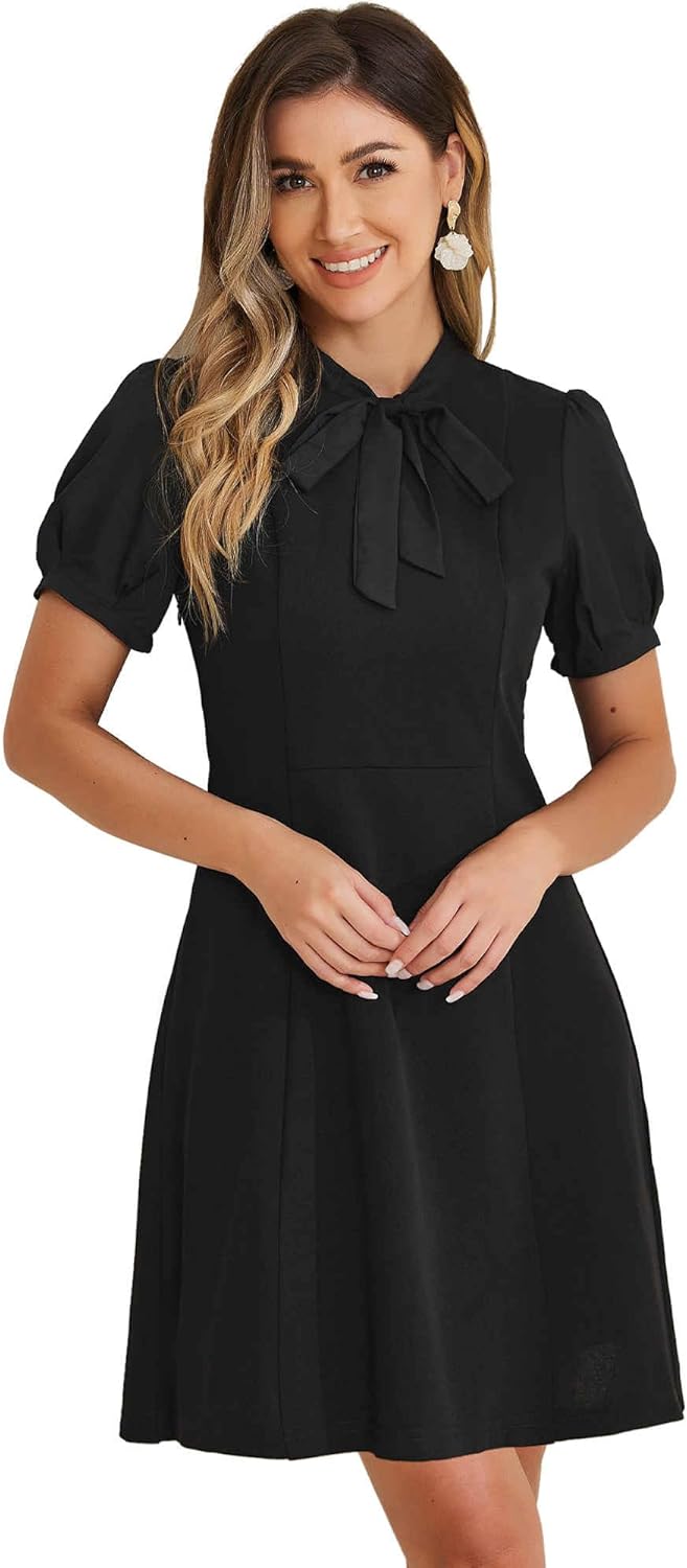 Allegra K Elegant Dresses for Women's Tie Neck Puff Short Sleeve Office Work Dress