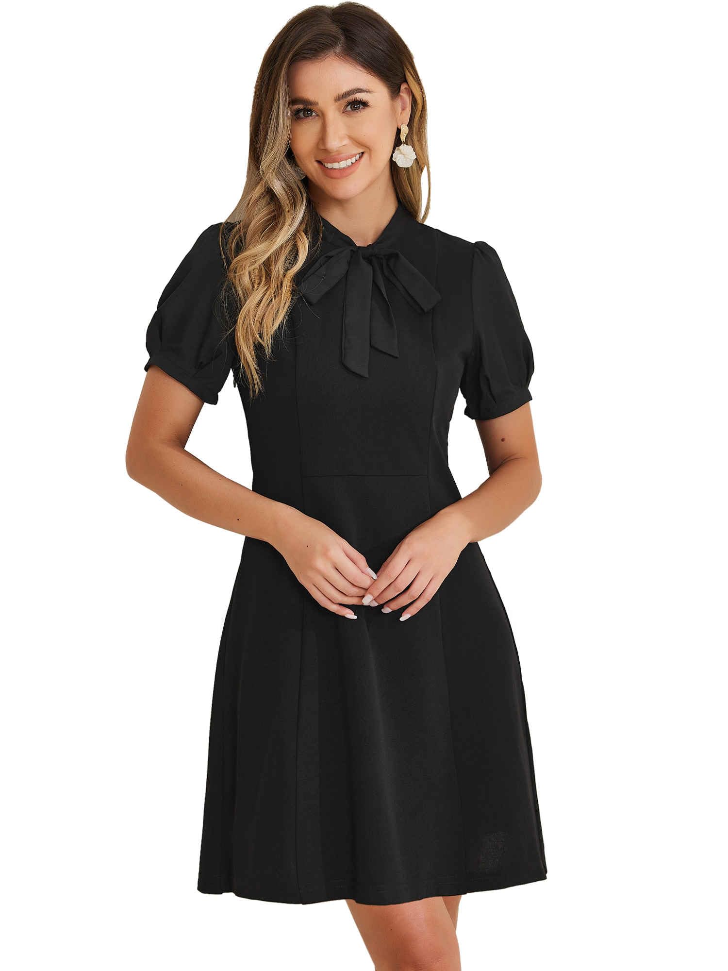 Allegra K Elegant Dresses for Women's Tie Neck Puff Short Sleeve Office Work Dress