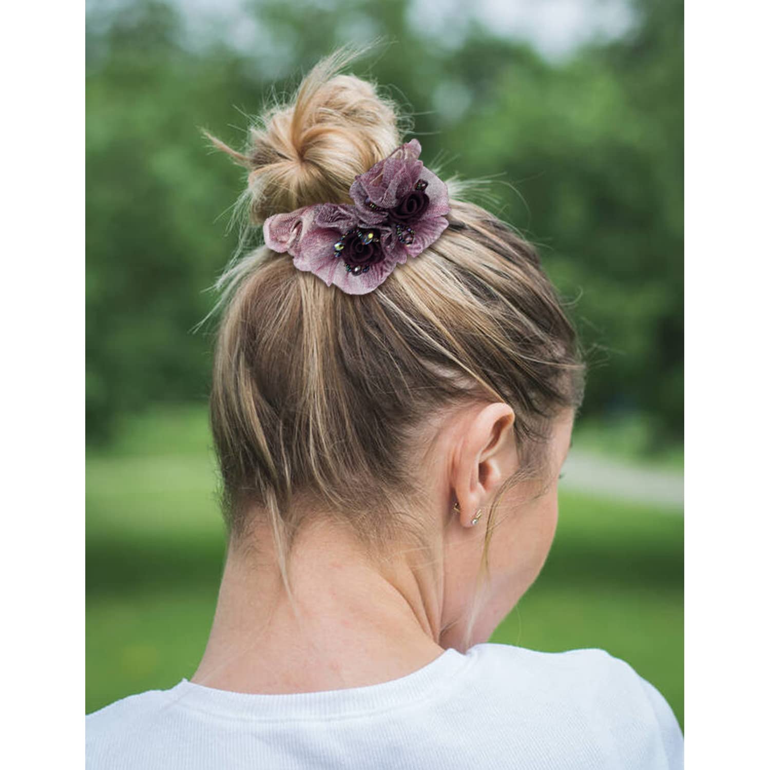 inSowni Paquete de 7 coleteros elásticos de encaje con perlas de cristal con purpurina y rosas para el cabello, bandas elásticas de goma, diademas para coletas de caballo, accesorios florales para