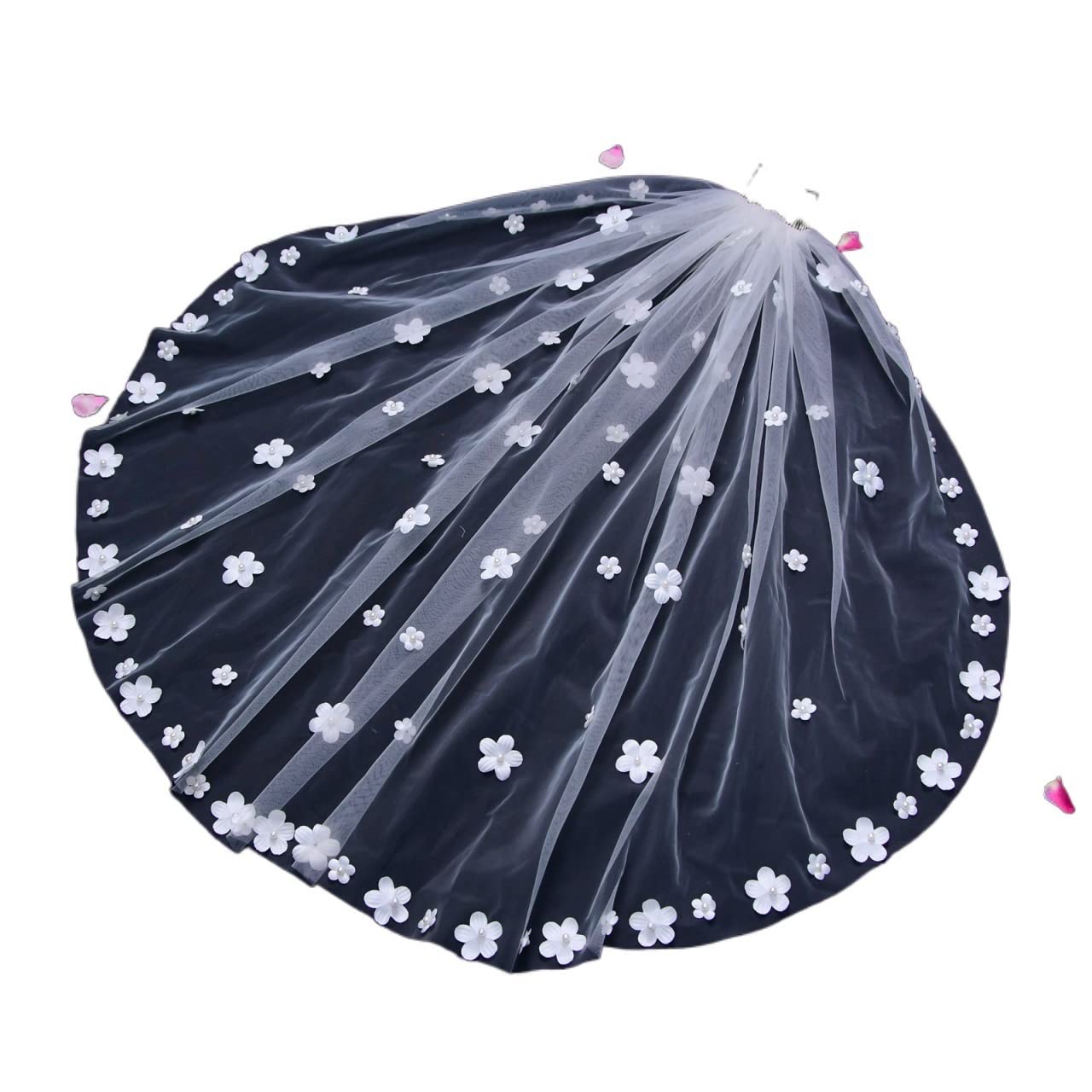 Generic Nozze 3D Tiny Daisy Applique Velio da Sposa Corto con Velo Decorato Perla for Pettine for Il Velo della Lunghezza del Gomito da Sposa (Color : White)