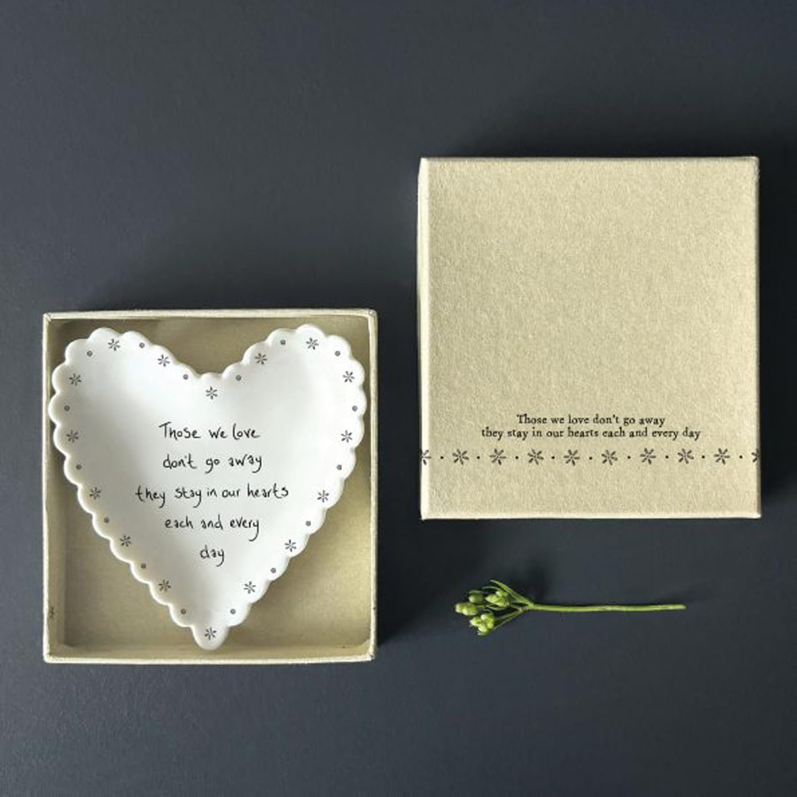 East Of India White Porcelain Heart Ring Dish With “Those We Love Don’t Go Away…” Quote – Memorial Jewellery Holder Gift