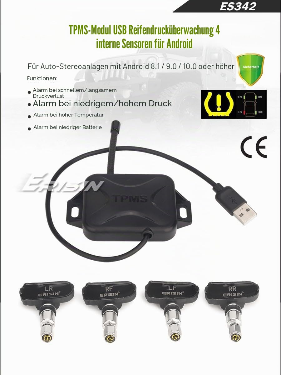 TPMS Reifendruckmodul, interner Sensoren-Adapter, Android 10, Display & Soundalarm, USB-Schnittstelle, Play&Play