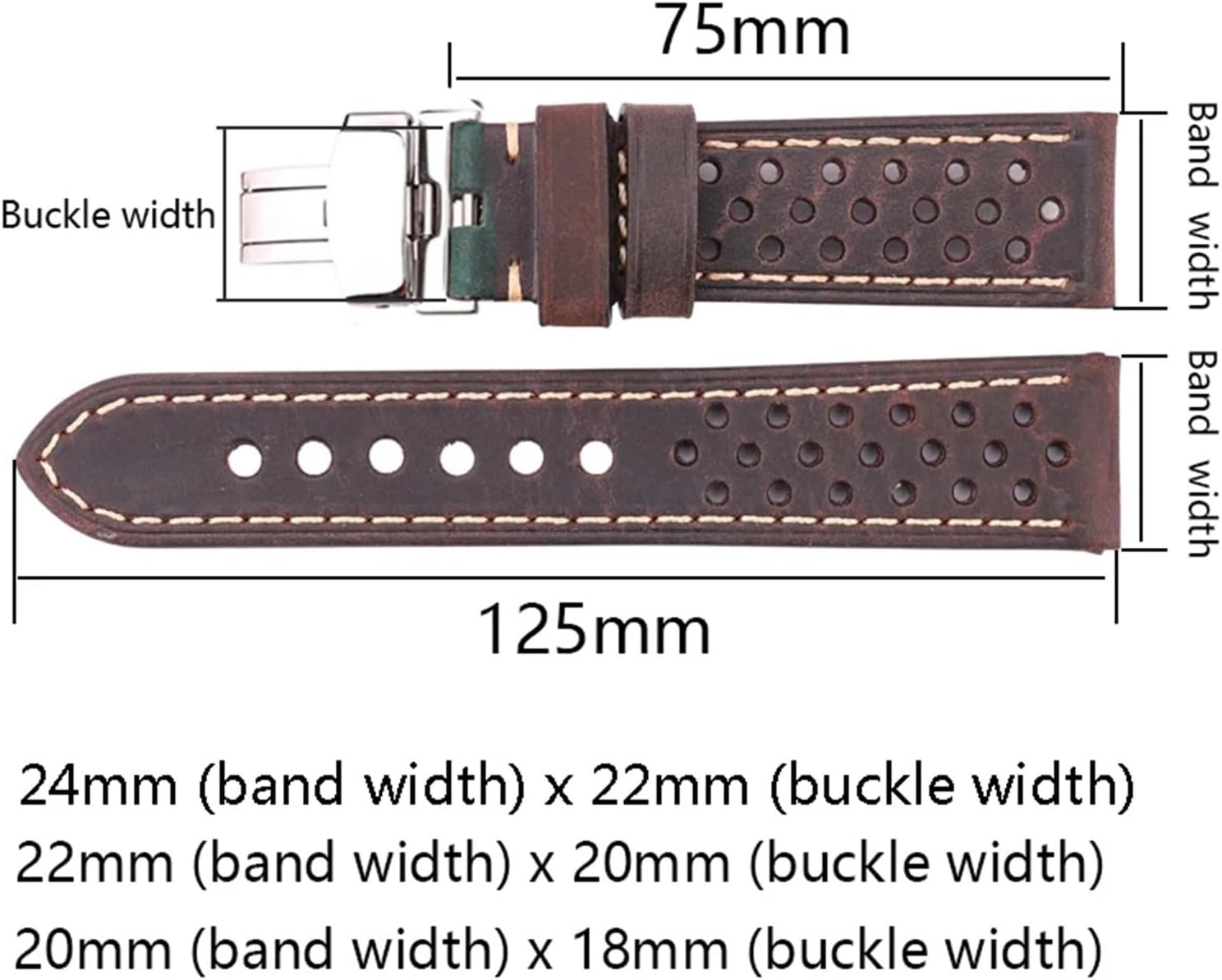 FenGQin 20mm Genuine Leather, 22mm, 24mm Cowhide Vintage Strap with Unfolded Buckle Suitable for Watch 3 4