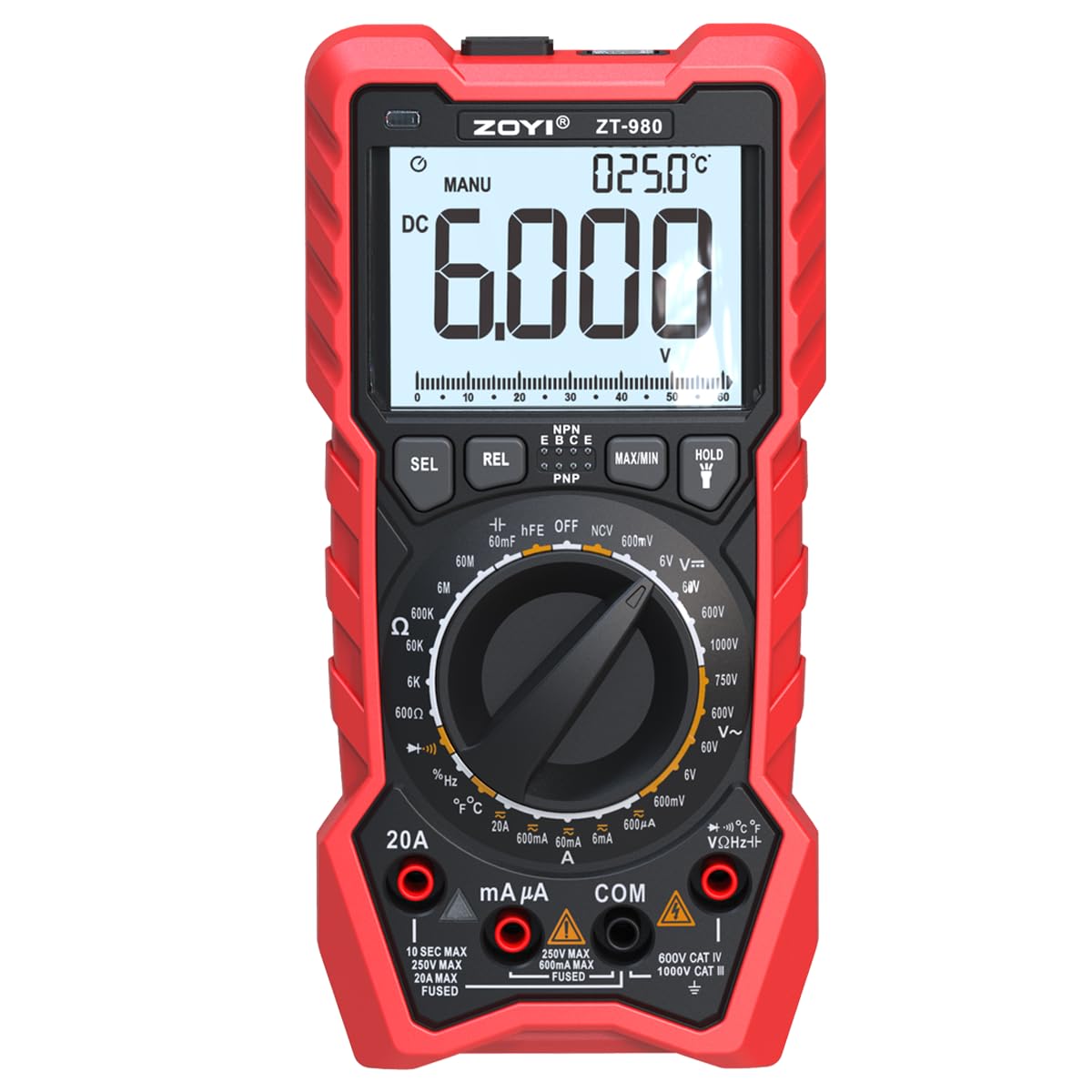 ZOYI ZT-980E Digital Multimeter Transistor Tester 20A, 6000-Count, True RMS Manual Range, V.F.C (LPF), hFE Test, NCV