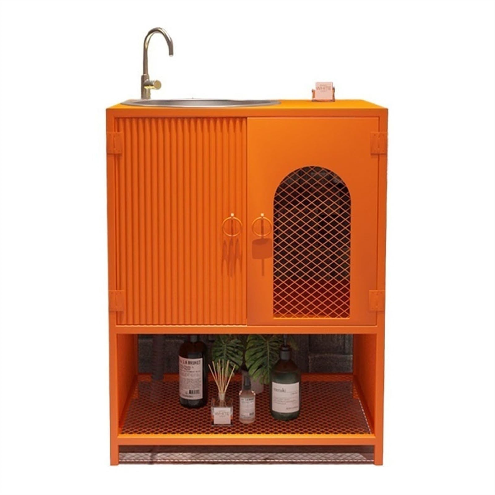 Lavabo del baño Mueble de baño con Lavabo Acero Inoxidable y Mueble Almacenamiento Estilo Industrial(Orange)