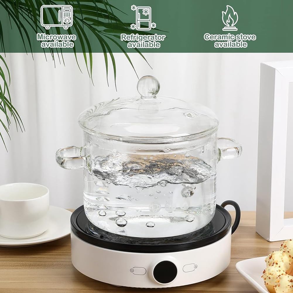Cacerola de Vidrio con Tapa, Olla para Cocinar con Tapa y Asa, Olla para Cocinar una Fuego Lento, Olla para Sopa Transparente, Alto Borosilicato 1400ML