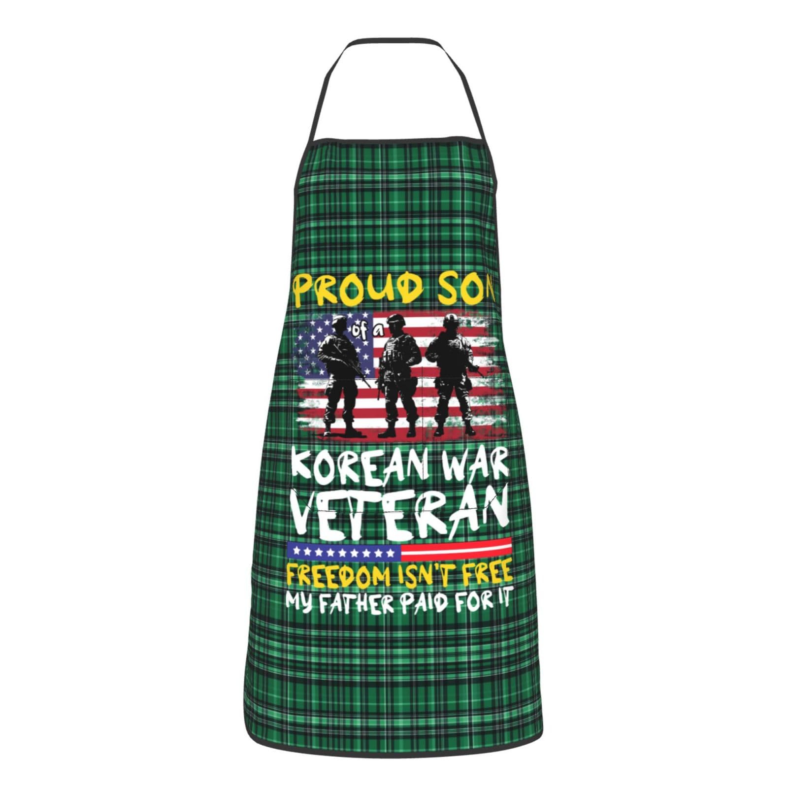 nopicsn Proud Son of a Korean War Veteran Apron for cooking with Pockets Women Men Kitchen Chef Funny Aprons