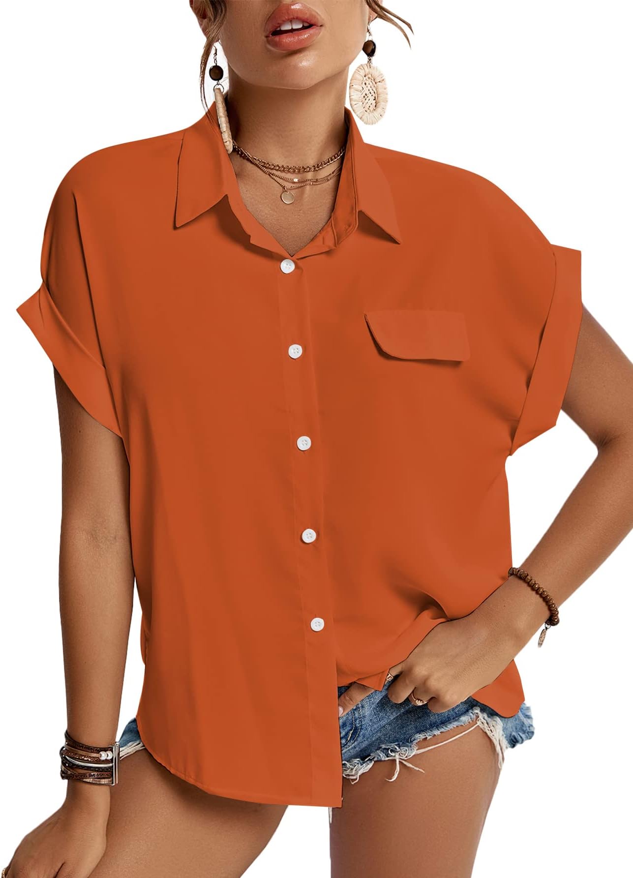 Women's Casual Collared Rolled Up Cap Sleeves Button Down Work Blouse Shirt Tops