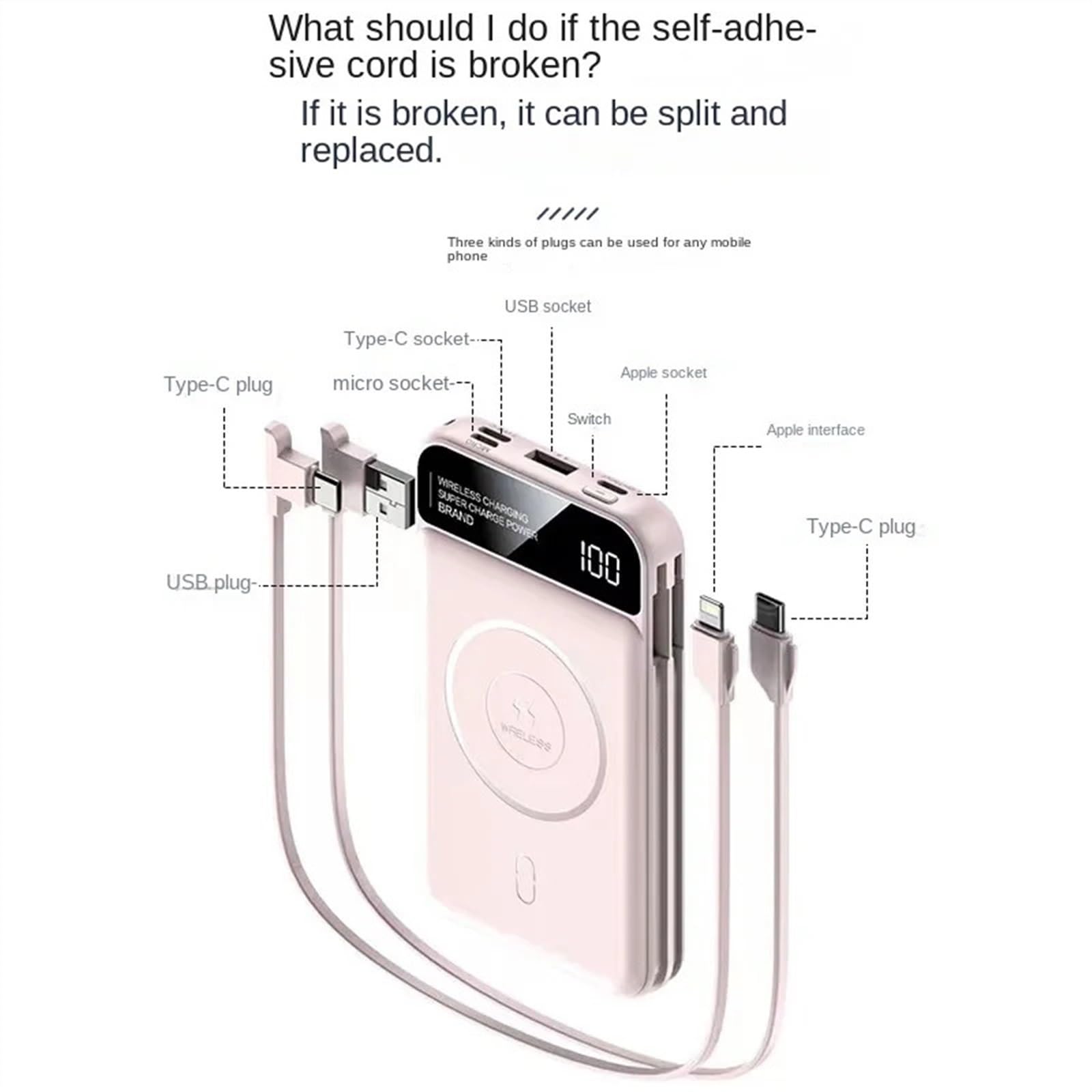 Alimentation De Charge sans Fil Portable Magnétique avec Câble De Données, Charge Rapide, Batterie Externe À Charge Flash, Grande Capacité, 1/20000 MA (Size : 20000mah, Color : Black)