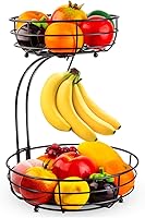 Auledio 2-Tier Iron Fruit Basket with Banana Hanger - Countertop Storage Bowl for Fruits & Vegetables, Black 64oz