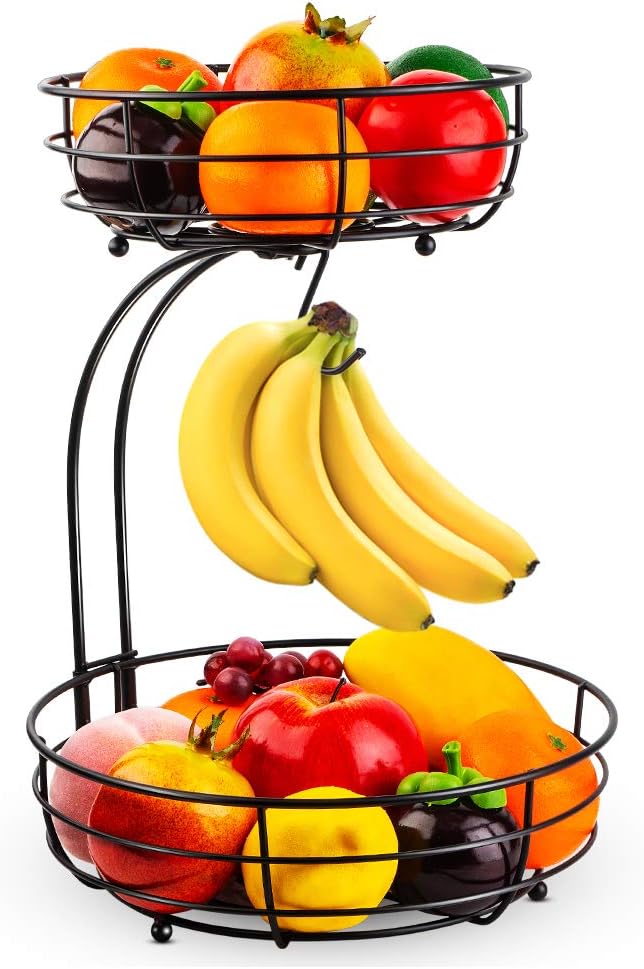 Auledio Iron 2-Tier Countertop Fruit Vegetable Basket Bowl Storage with Banana Hanger, Black, 64 oz
