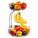 Auledio Iron 2-Tier Countertop Fruit Vegetables Basket Bowl Storage With Banana Hanger&comma; Black&comma; 64 ounces