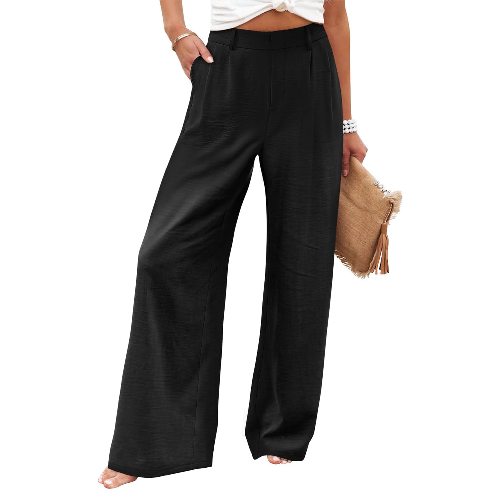 Linen Wide Leg Dress Pants Women Business Casual Elastic Waist Comfy Work Pants Lightweight Vacation Beach Trousers