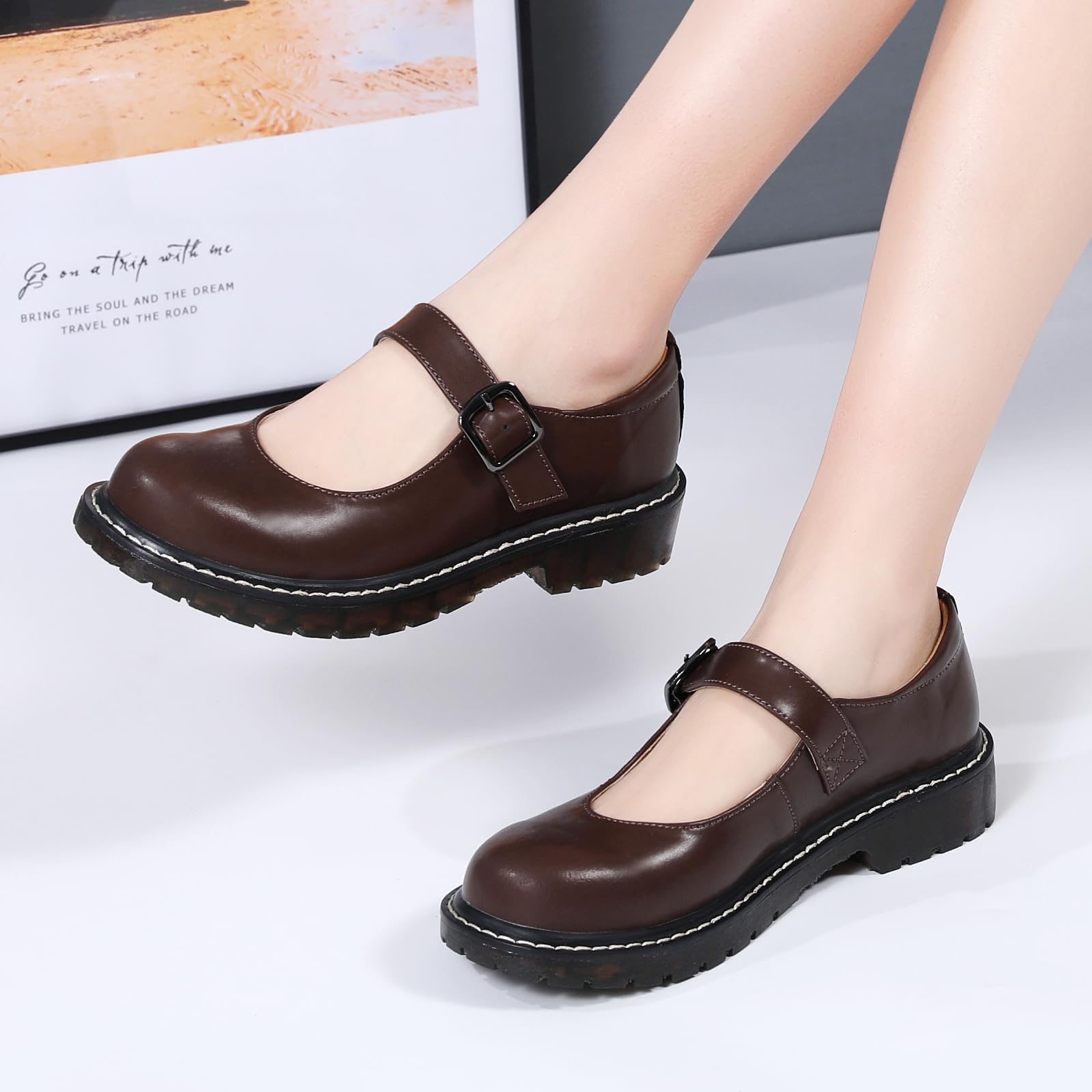 XMM Mary Jane Shoes Women Oxford Shoes Leather Round Toe Flats Non-Slip Ankle Buckle Strap Comfort Casual Dressy Cosplay Party School Work Shoes