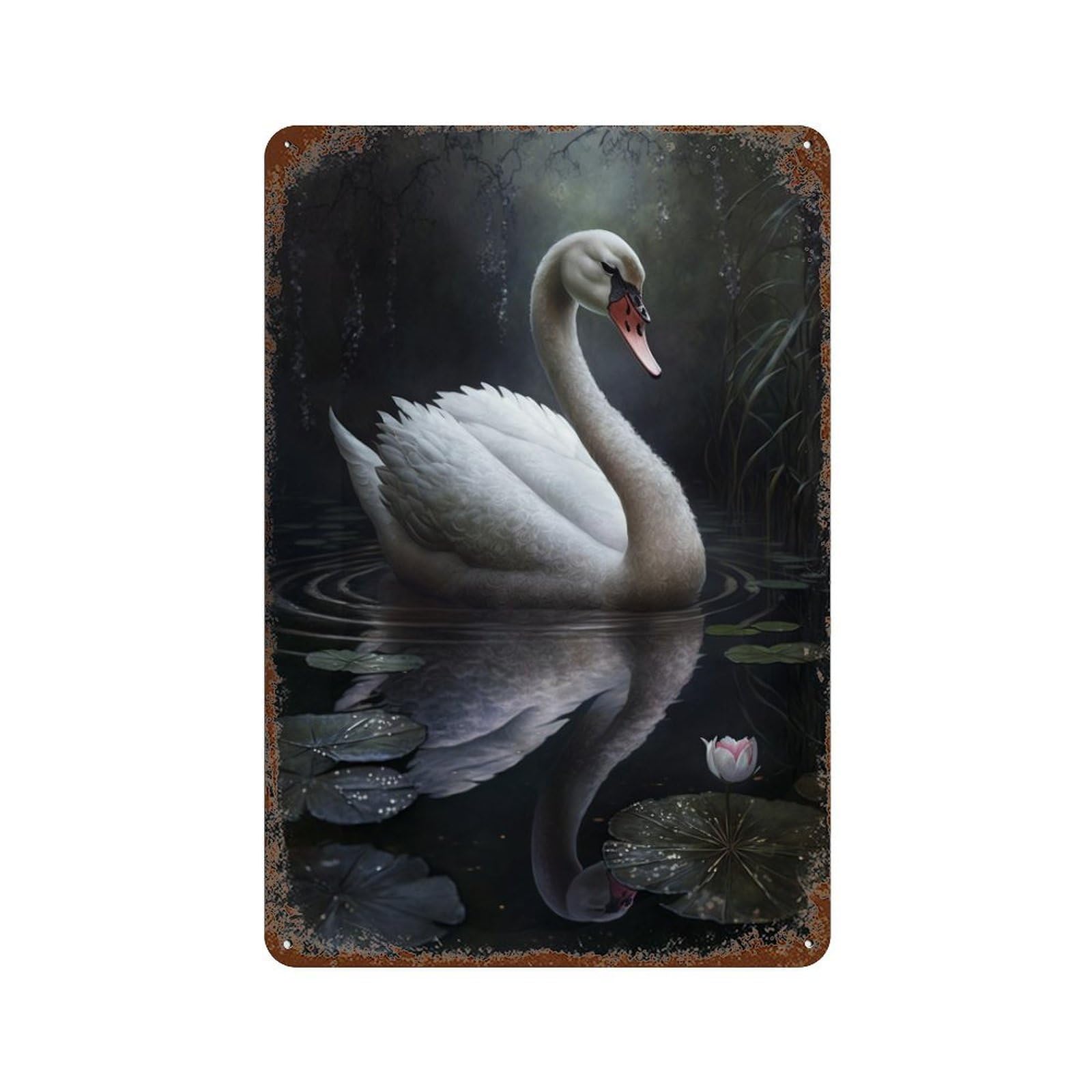 Misty Pond Swan Reflection Retro Metal Sign 11.8"x7.9", Vintage Wall Decor for Bistro, Counter And Cafe Decor