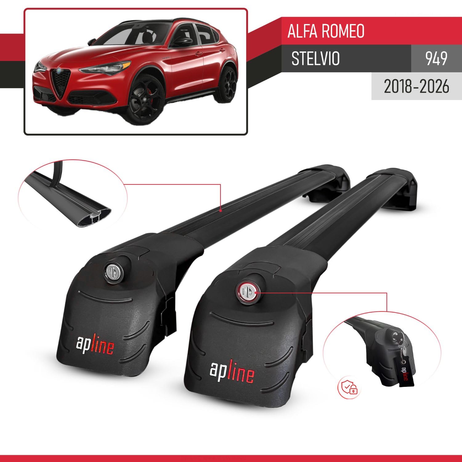 Kompatybilny z Alfa Romeo Stelvio (949) 2018-2026 ACE-2 Model Aluminiowe poprzeczki dachowe Czarny 2 szt.