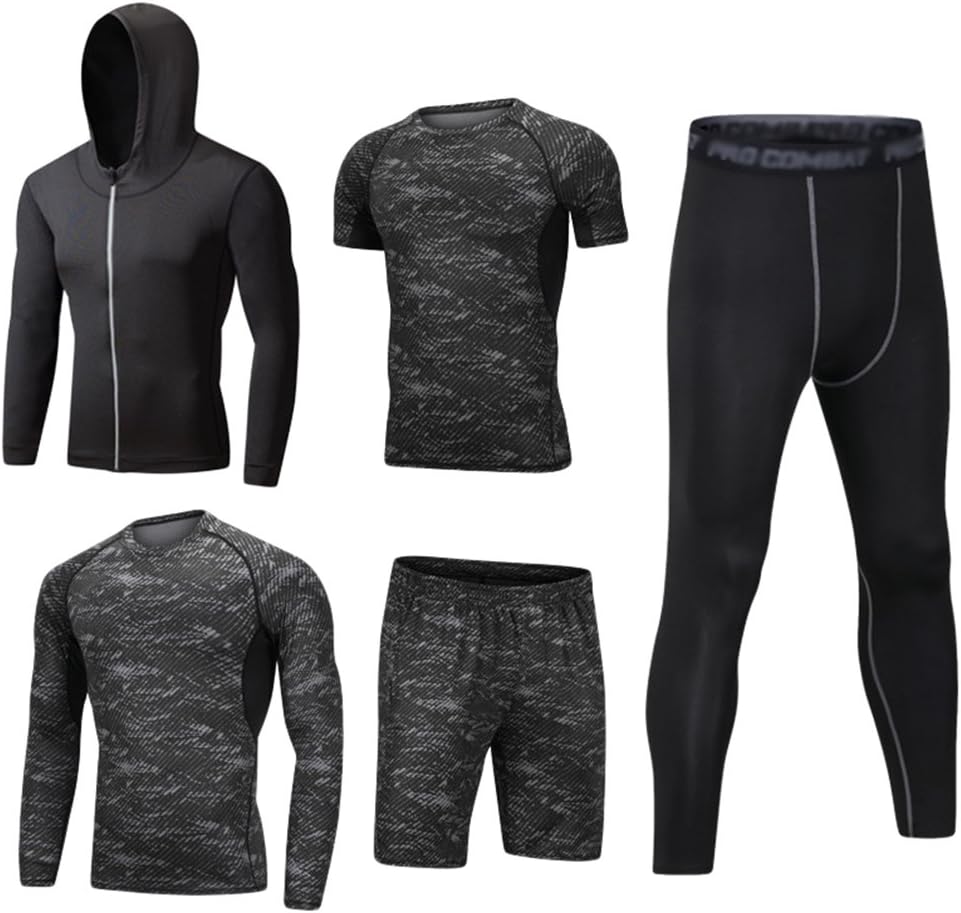 Mens 5pcs Sports Gym Fitness Clothing Set Hoodies Jackets+Long Sleeve+Short Sleeve Base Layers T Shirts+Loose Fitting Shorts+Compression Pants for Workout Training Running Tracksuits M