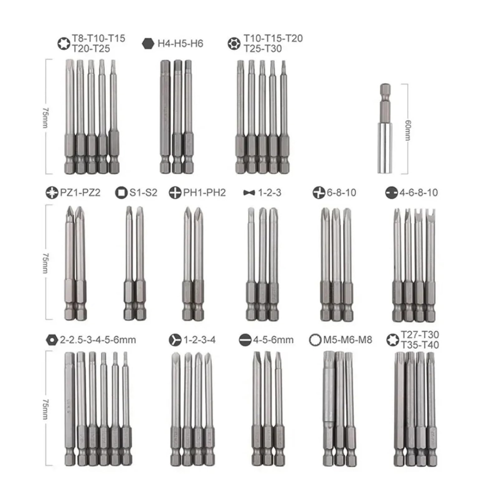 Juego De 50 Puntas De Destornillador De Alcance Extra Largo De 75 Mm, Puntas De Destornillador De Seguridad Torx Star Hex