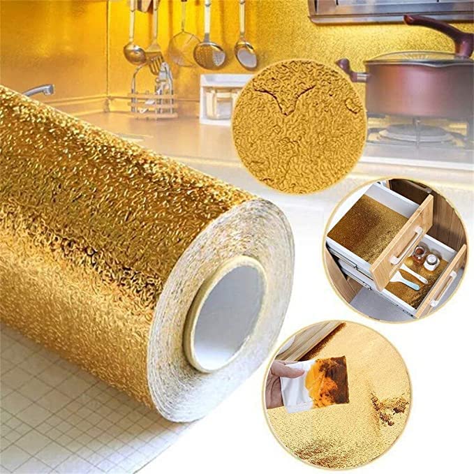 FYCAN 200CM X 60CM Paper Golden Kitchen Oil-Proof Waterproof Aluminum Foil High Temperature Wall Stickers Stove Cabinet Film (Golden)