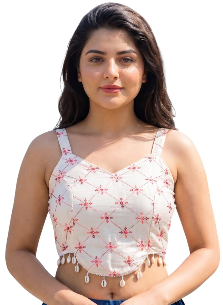 Women's Navratri Pure Cambric Cotton Embroidered Padded Readymade Blouse, Sleeveless V Neck, Back Open, Kaudi Lace Work, Off White, Size 38 (Fits 36-40)-picture-38