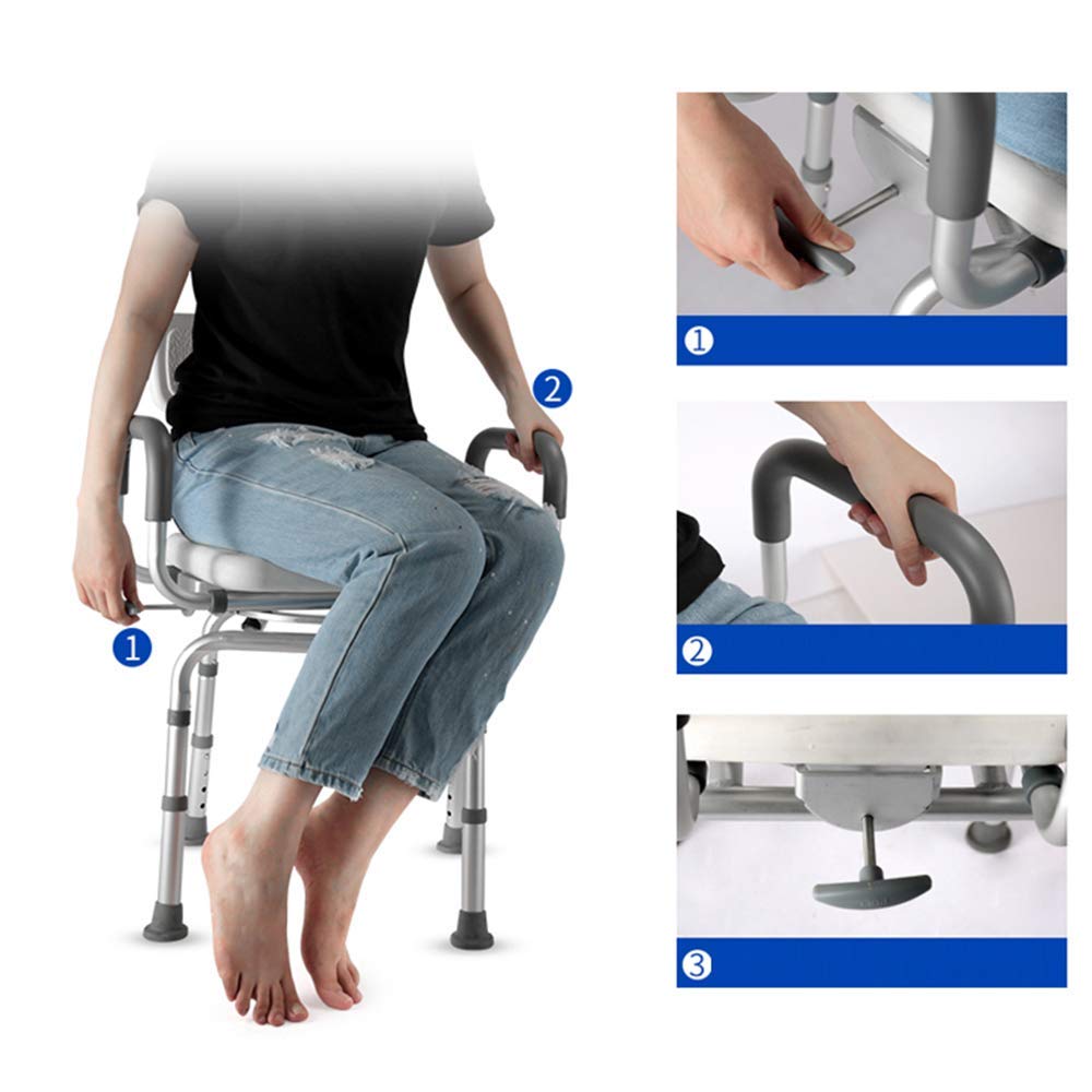 Silla de Ducha para Ancianos Altura Ajustable con Reposabrazos y Respaldo Asiento de Ducha Recorte en Forma de U para Adultos y Discapacitados Ayuda para Taburete de Ducha, Girator