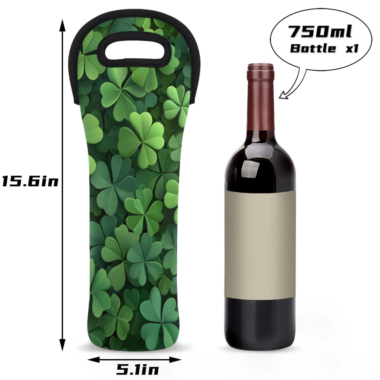 Neoprene Wine Tote Carrier Bag for Wine,Water, Champagne, Beer, Baby Bottles 15.6 x 5.1 Inches, Protective Wine Bag,Plants Clovers