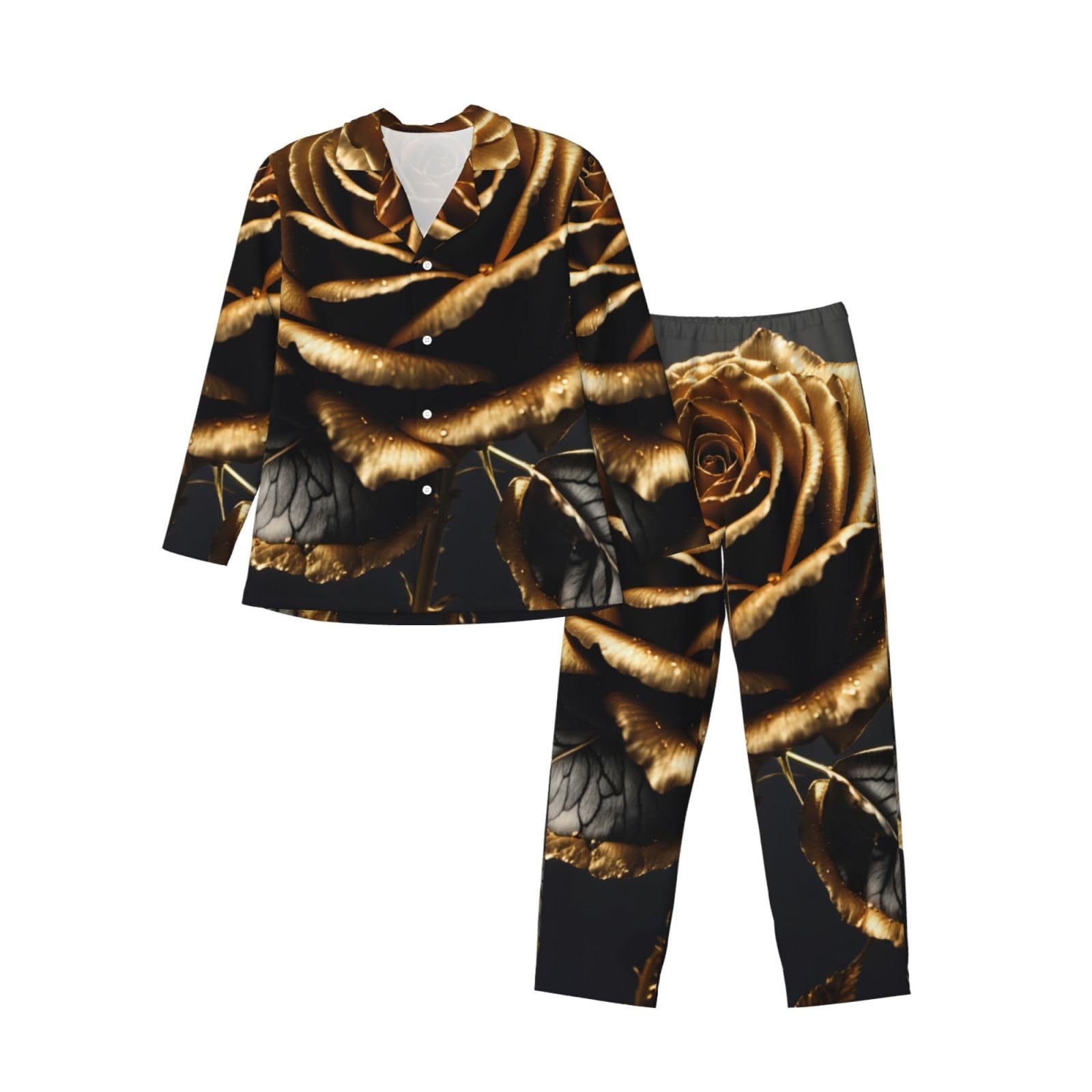 Nero E Oro Fiori Stampa Uomini Manica Lunga Pigiama Set Due Pezzi Lounge Pantaloni Per Inverno Autunno Primavera Estate