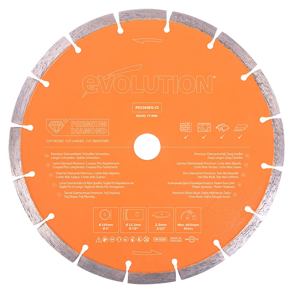 Evolution 9 Inch Diamond Blade with Segmented Edge, 1 in Bore, Concrete, Stone, Brick Cutting Diamond Blade