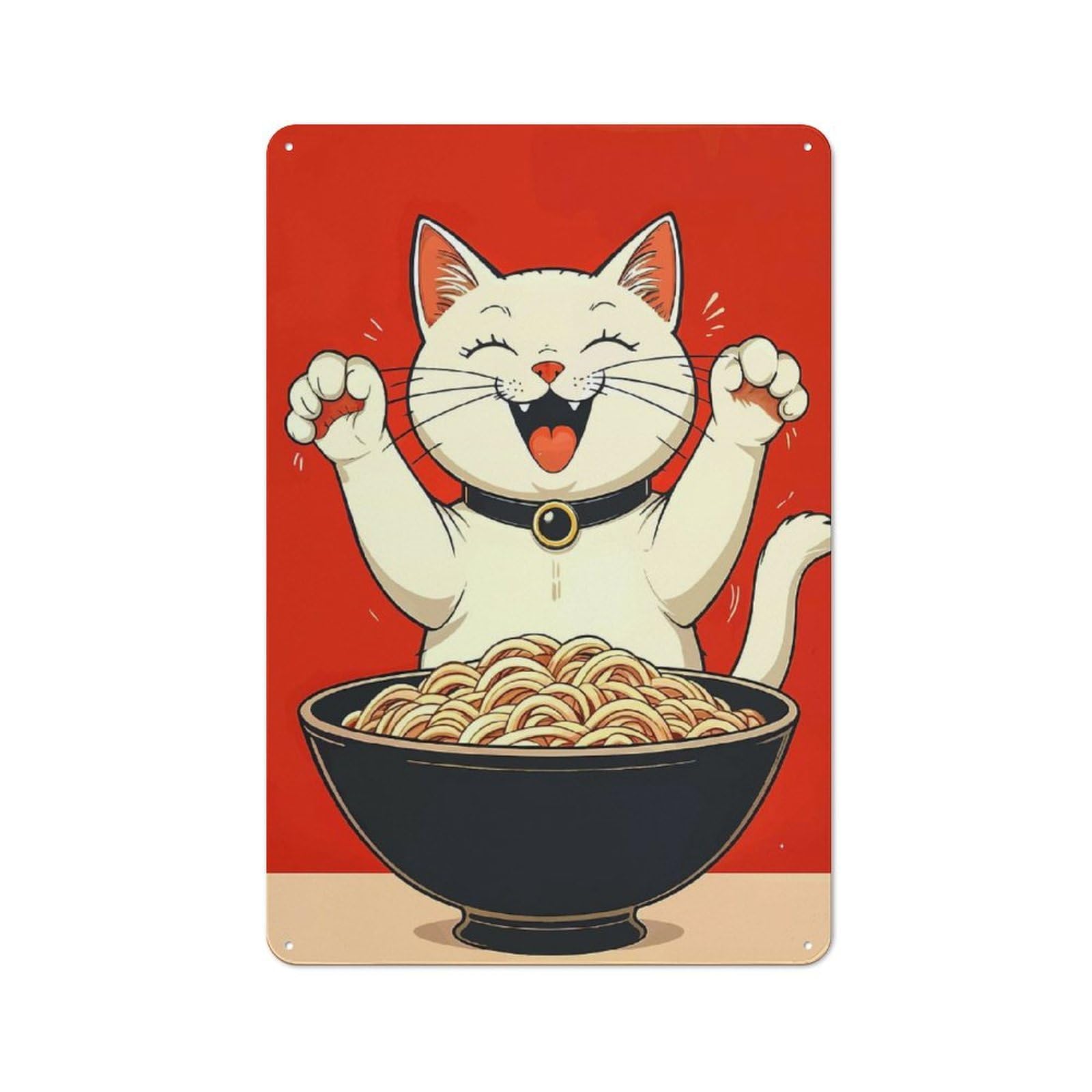 Junmoney Style-6 Country Style Happy Cat With Noodles Decorative Metal Sign 30X20cm, Bistro Wall Plaque For Restaurant, Kitchen, Counter Or Breakfast Nook