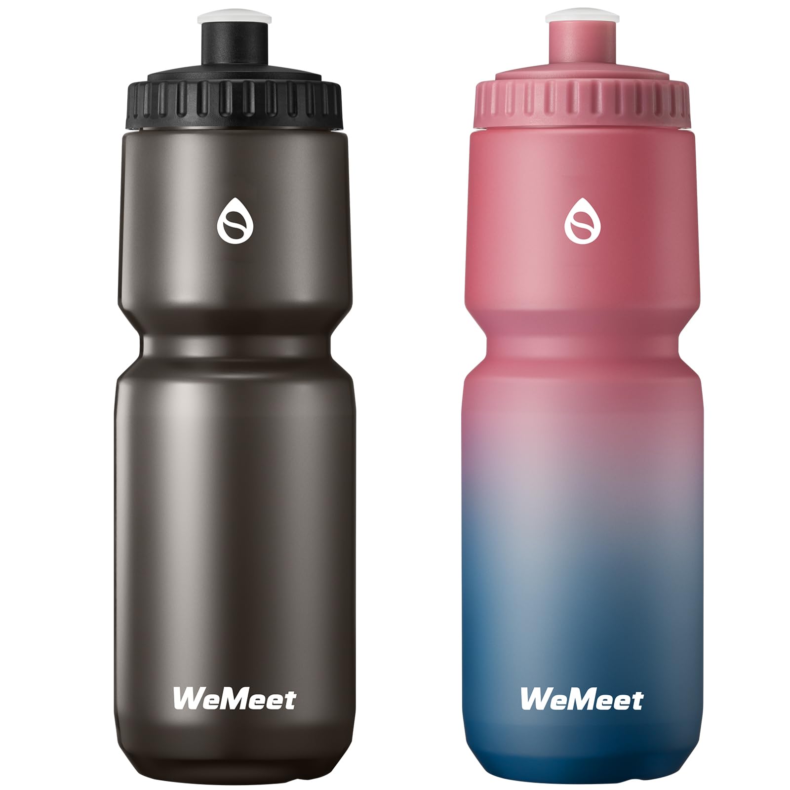 WEMEET Sport Squeeze Water Bottle with Capacity Scale, 1000ml Bike Water Bottle with Bite Valve, for Cycling, Running, Fitness (Black & Red Blue, 2-Pack)