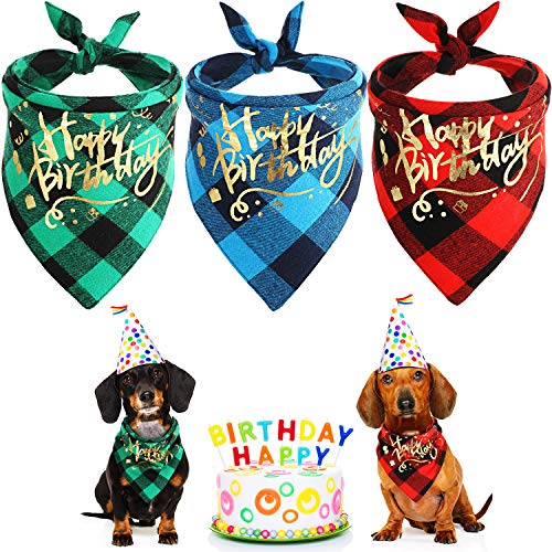 3 Pieces Dog Birthday Bandanas Dog Cat Birthday Scarf Double Layer Pet Plaid Kerchief Washable Reversible Printed Triangle Bibs Cotton Dog Puppy Kerchief for Large Medium Small Cat Dog Pets