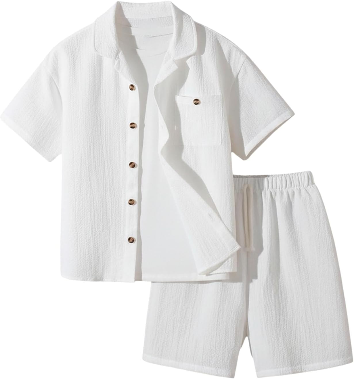 RoseSeek Boy's 2 Piece Beach Vacation Textured Linen Outfit Short Sleeve Button Down Shirt Top and Shorts Summer Set