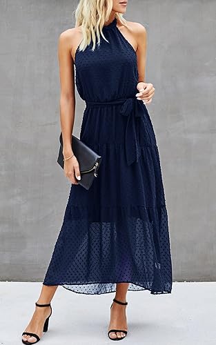 Miniatura 3 de PRETTYGARDEN - Vestido largo de mujer, casual, sin mangas, floral, con cinturón y espalda descubierta, cuello halter y volados